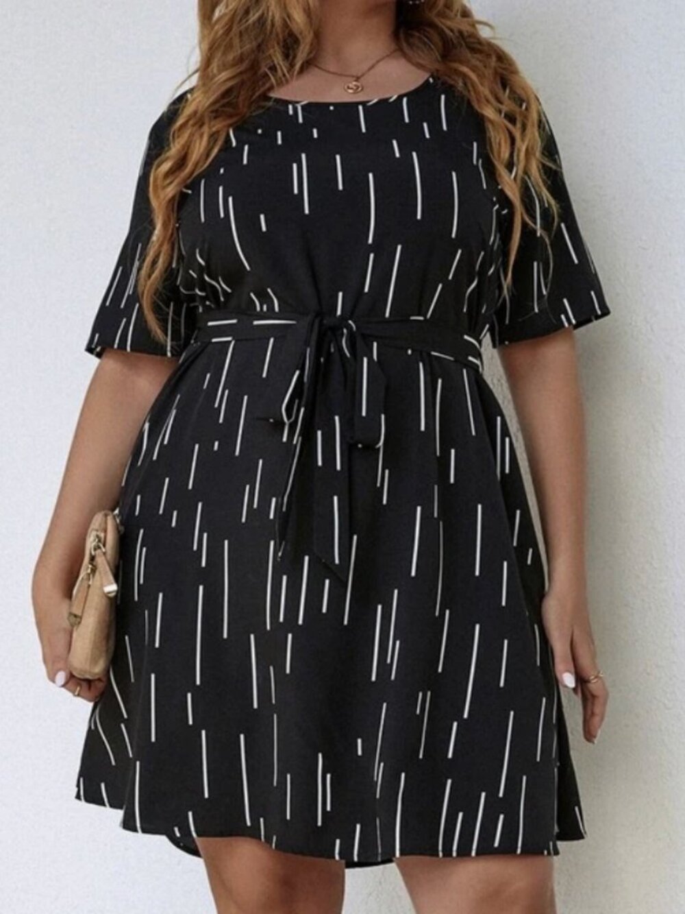 SHEIN Black Mini Dress with White Dash Print and Tie Waist